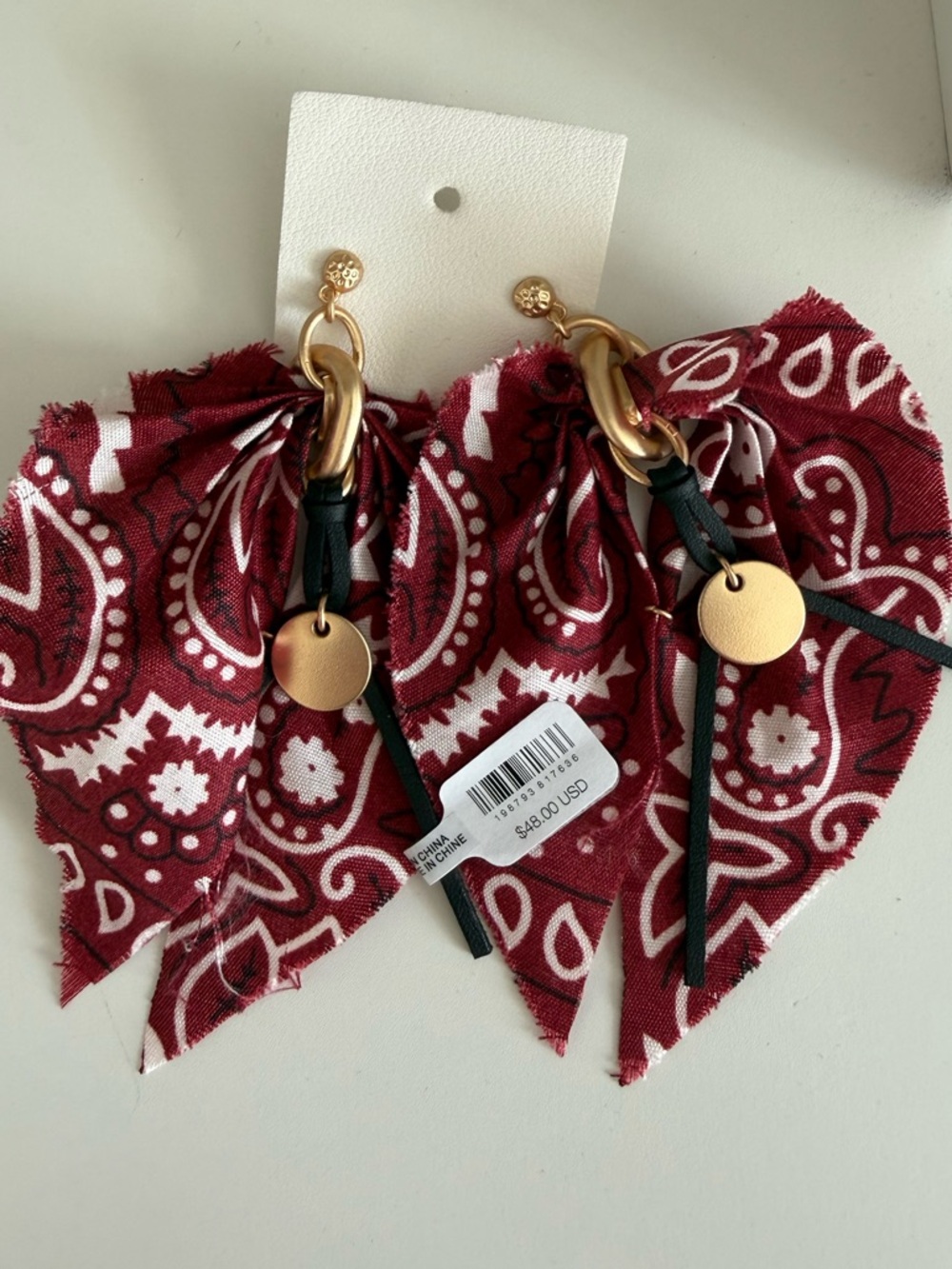 Free People Burgundy Paisley Fabric Drop Earrings with Gold Accents